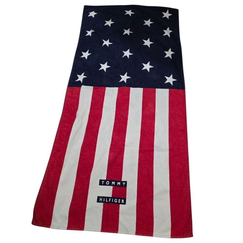Vintage Tommy Hilfiger American Flag Beach Towel 90s Stars Stripes Cotton